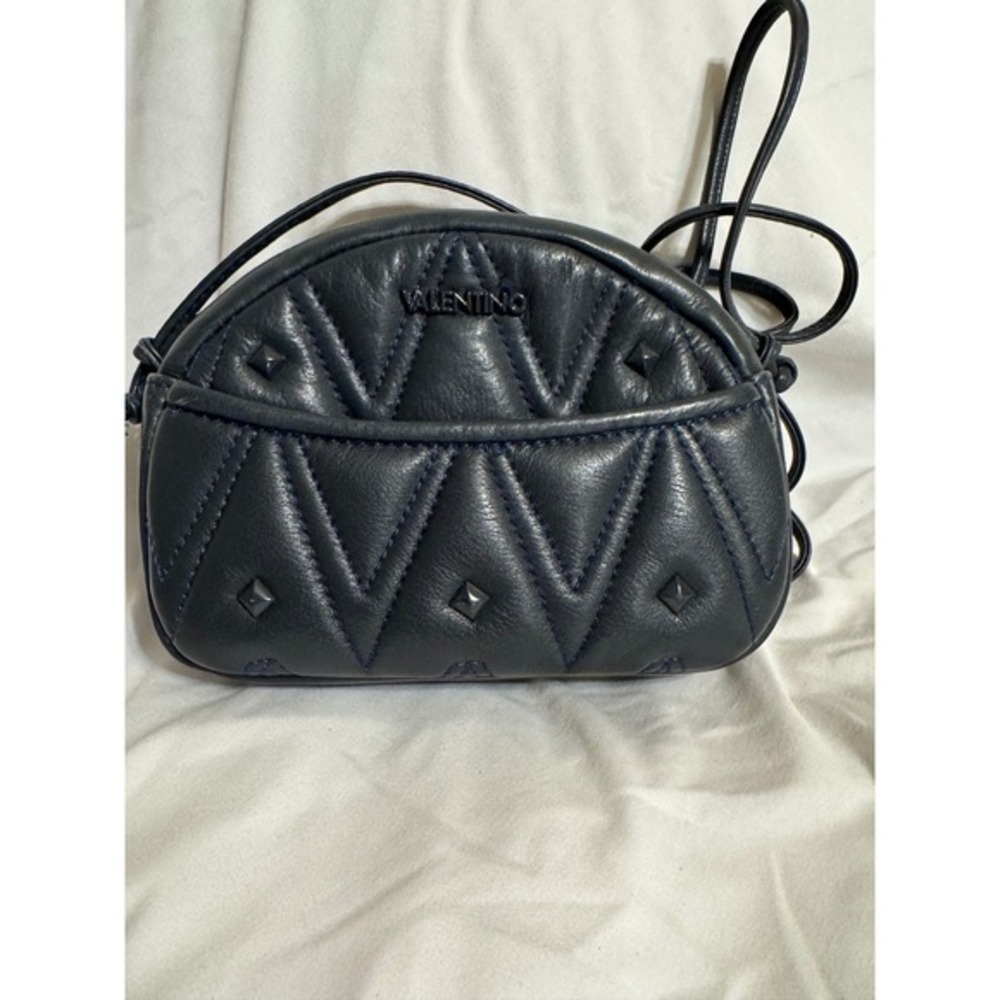Mario Valentino Italy Navy Blue Quilted Leather Studded Crossbody Bag Dome Purse